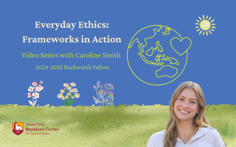 Making Ethical Choices: A Student Guide to Ethical Lenses. Blue sky, green grass, flowers and smiling woman with long blonde hair..