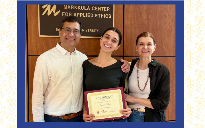 Taara Kahn ’26 (center, holding certificate), recipient of the 2026 Markkula Prize in Applied Ethics with her parents Anwar Khan and Selma Vukotic at Vari Hall.