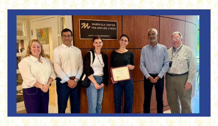From left to right: Kristi Markkula Bowers, Anwar Khan, Taara Khan, Selma Vukotic, Subbu Vincent, and Don Heider. Taara Khan is the 2026 recipient of the Markkula Prize in Applied Ethics, awarded June, 2026 at Vari Hall, Santa Clara University.