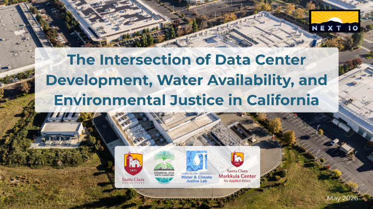 An aerial view of a large data center overlaid with the words The Intersection of Data Center Development, Water Availability, and Environmental Justice In California.Logos for Santa Clara University and supporting departments are present.