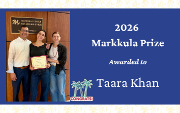 Taara Kahn ’26 (center, holding certificate), recipient of the 2026 Markkula Prize in Applied Ethics with her parents Anwar Khan and Selma Vukotic at Vari Hall.