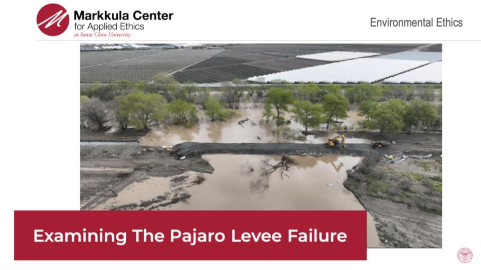 2023-24 Environmental Ethics Fellows Sarah Young, Anna Krebs, Tatum Petti, Emma Young, and Karina Martins slides on Examining the Pajaro Levee Failure.