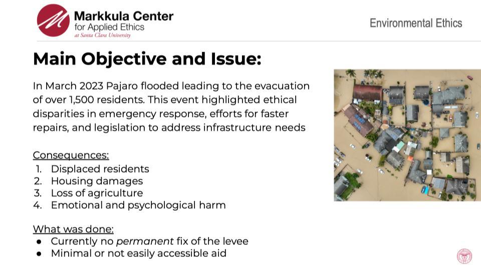 2023-24 Environmental Ethics Fellows Sarah Young, Anna Krebs, Tatum Petti, Emma Young, and Karina Martins slides on Examining the Pajaro Levee Failure.