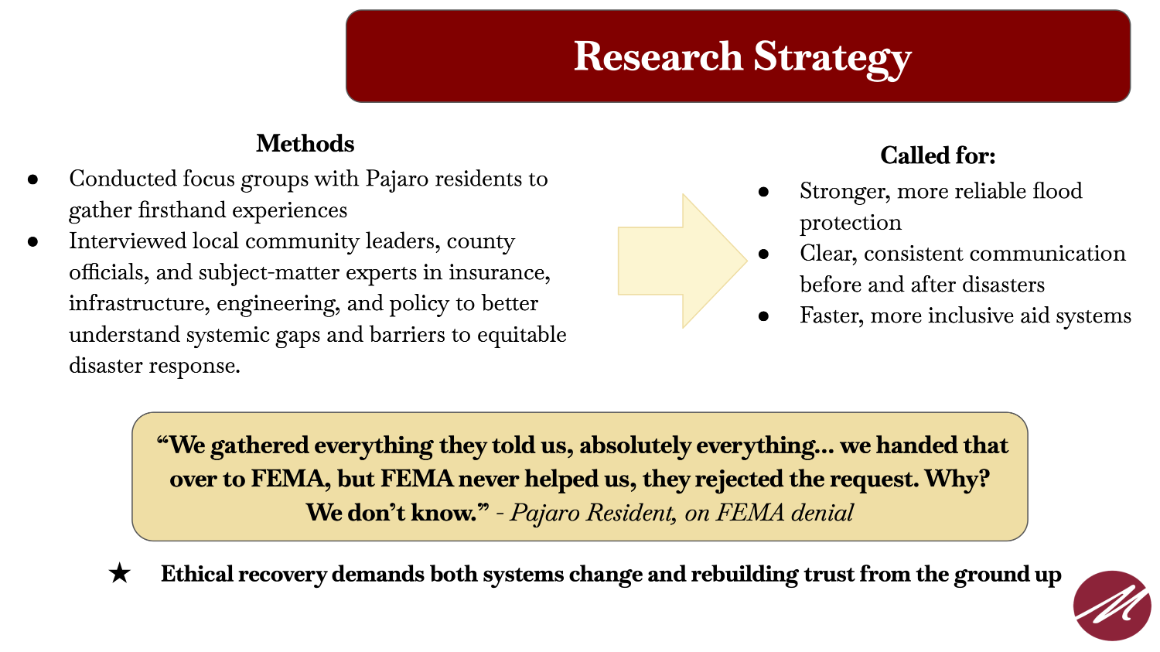 A slide outlining the research strategy of the project, includes the methods used as well as key takeaways from the research. A quote from a Pajaro resident illustrates the focus group portion of the project.