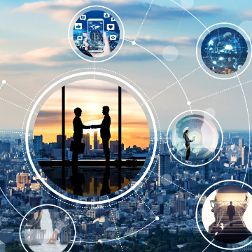 Business and Leadership Ethics: Businesspeople and leadership icons over a cityscape background at sunset.