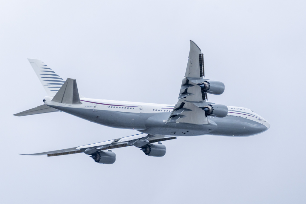 A 13-year-old private Boeing aircraft that President Donald Trump toured to check out new hardware and technology features, and highlight the aircraft makers delay in delivering updated versions of the Air Force One presidential aircraft, takes off from Palm Beach International Airport, Feb. 16, 2025, in West Palm Beach, Fla. (AP Photo/Ben Curtis, File)