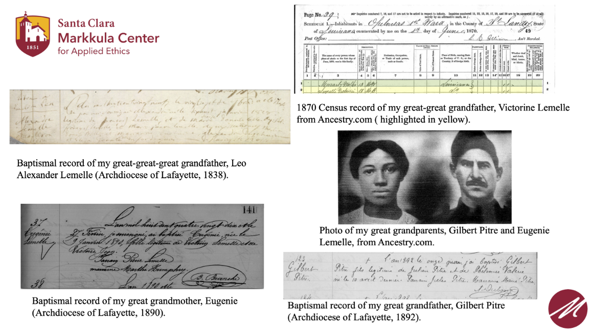Baptismal records, 1870 Census record relating to Gilbert Pitre and Eugenie Lemelle. 