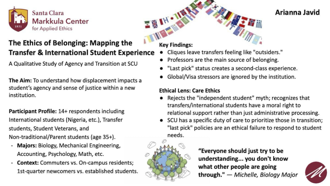Summary of inquiry about the transfer and international student experience at SCU by Arianna Javid, a 2025-26 Hackworth Fellow at the Markkula Center for Applied Ethics.