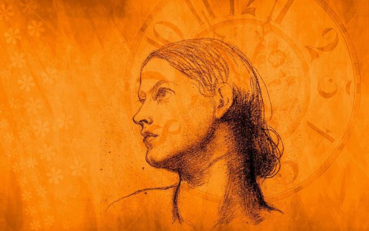 A pencil drawing of a woman staring off in the distance. 