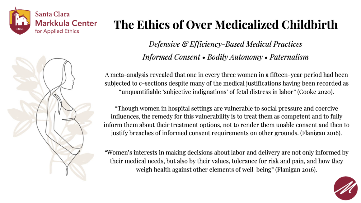 A slide outlining quotes and information on womens lack of agency in medical situations regarding childbirth.