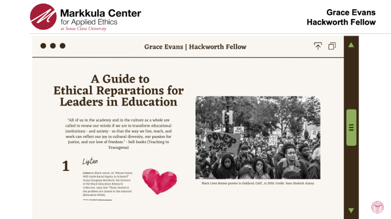 Grace Evanss slide showing her guide to ethical reparations for leaders in education. 