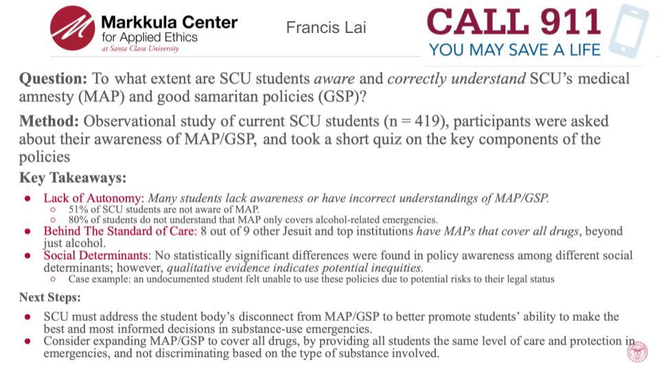 2023-24 Hackworth Fellow Francis Lais slide on Student Awareness of Medical Amnesty and Good Samaritan Policies at SCU.
