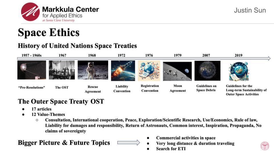 2023-24 Hackworth Grant Recipient Justin Suns slide on Space Ethics.
