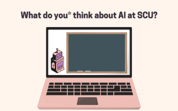 What do you think about AI at SCU? Laptop computer and robot. 