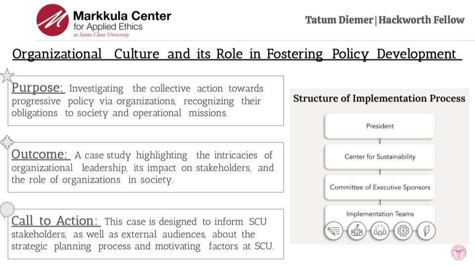 2023-24 Hackworth Fellow Tatum Diemers slide on Organizational Culture and Its Role in Fostering Policy Development.