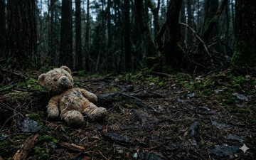 A worn teddy bear on the ground in the wild, symbolizing the harm done to children in unregulated wilderness therapy programs. Generated by Amalia Thompson using Gemini AI.