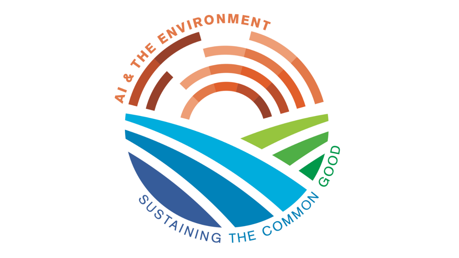 Multi colored logo for the AI and the Environment Conference. Lines representing sun, sky, land, and water. 