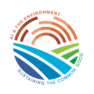 Multi colored logo for the AI and the Environment Conference. Lines representing sun, sky, land, and water.