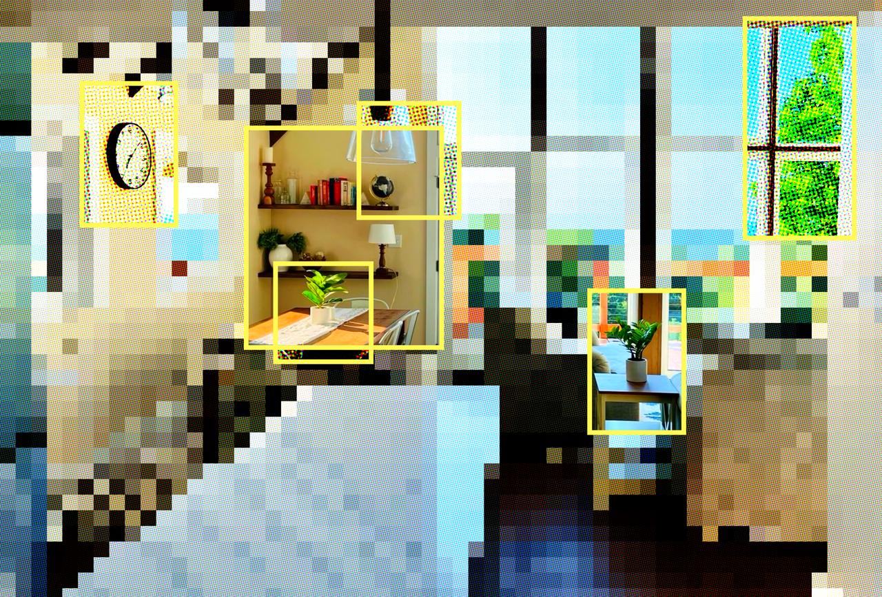 This image shows a pixelated room, it looks like a typical bedroom or office. Most of it is heavily pixelated, but a shelf, table and plant, windows and clock can be recognised. These are all outlined in yellow boxes.