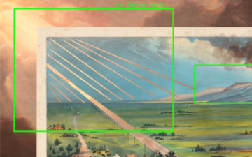 A highly-contrasted digital landscape of a train going West with settlements in the bottom left. (cropped). Framed by green box symbolizing computer vision. Hanna Barakat & Archival Images of AI + AIxDESIGN / Better Images of AI/. Licensed by CC-BY 4.0.