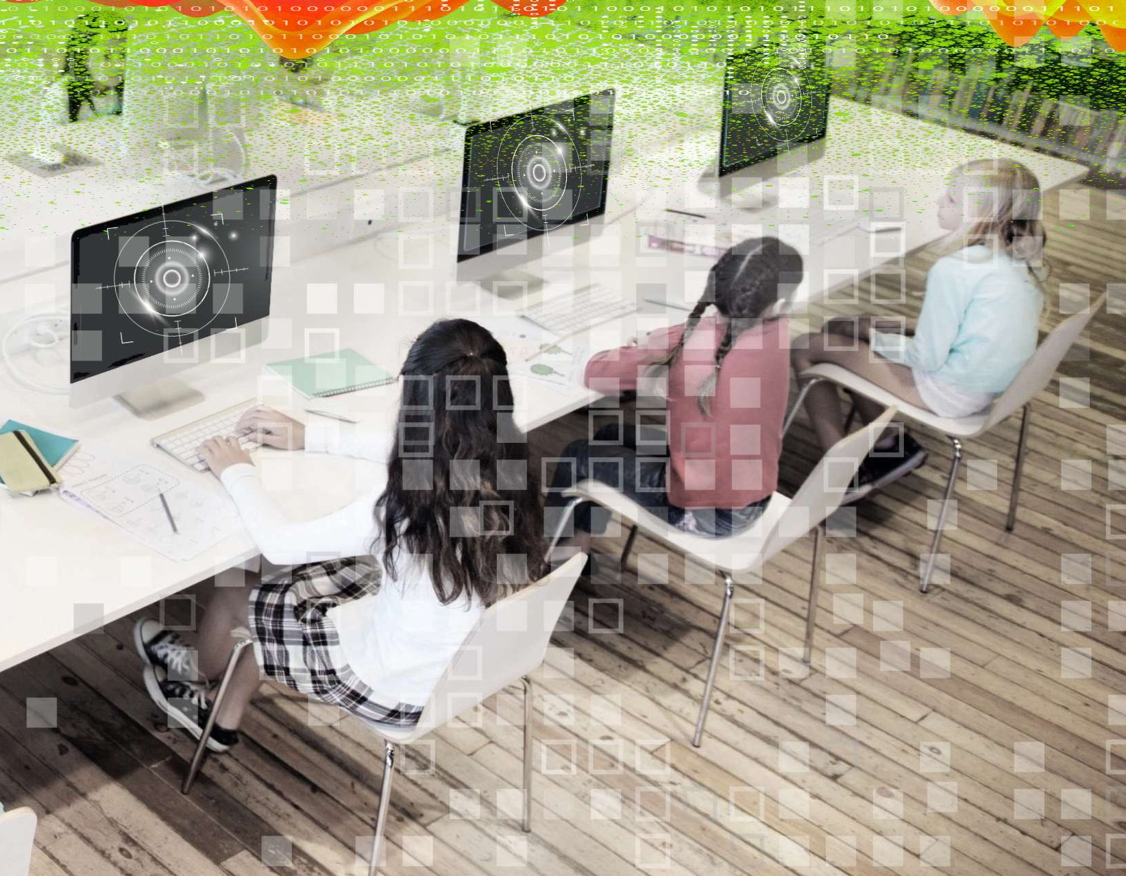 Kids at computers with numbers overlaid on the image.