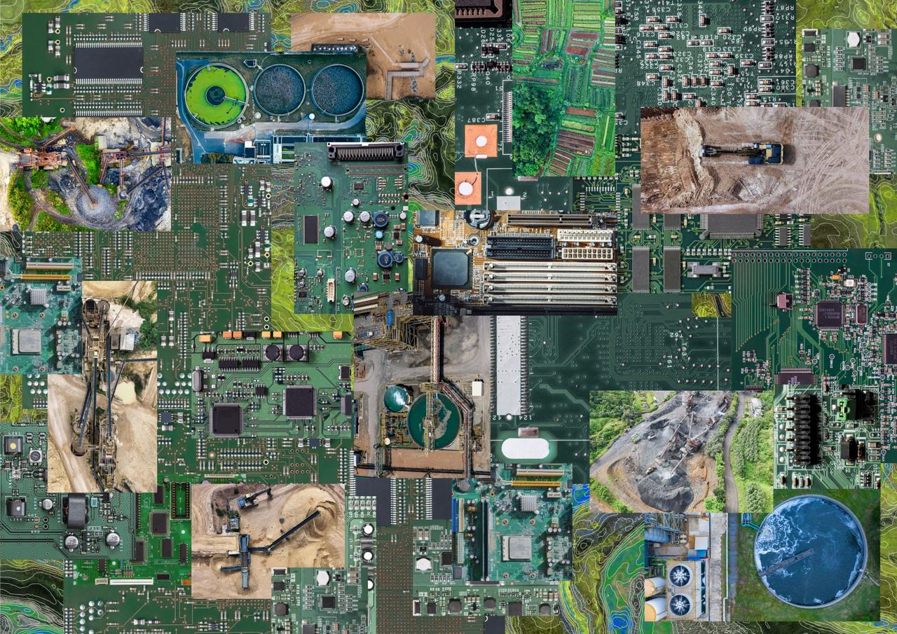 A collage of circuit boards interwoven with aerial photographs of water treatment facilities, agricultural lands, industrial sites and mining machinery. Image: Silicon Landscapes by SinemGörücü via Better Images for AI.