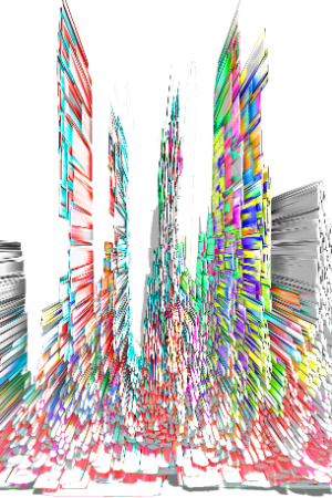 Sharp colorful lines resembling cyberspace formed as an outline of a cityscape