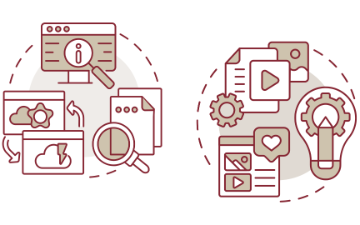 Collage of icons representing searching for resources including magifying glasses, lightbulbs, writing paper, pens, computers, and social media. 