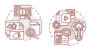 Collage of icons representing searching for resources including magifying glasses, lightbulbs, writing paper, pens, computers, and social media. 