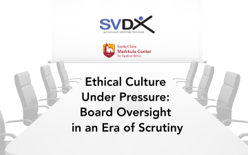 A board room table and chairs and white board on the wall at the head of the table. Logos for Markkula Center for Applied Ethics and SVDX appear on the screen. Webinar Title is displayed, Ethical Culture Under Pressure: Board Oversight in an Era of Scrutiny.