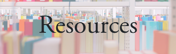 Image of library shelves filled with books overlaid with the word Resources. 