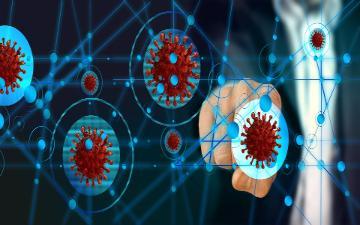 person in business suit pointing finger at Digitized  Covid-19  image