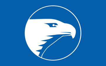White side profile view of an eagles head against a blue background.