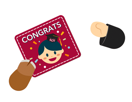 Bucky handing off a congrats card with the face of a graduate.