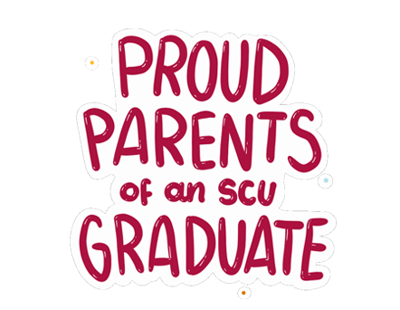 Proud Parents of an SCU Graduate wiggles around with fireworks popping around the text.