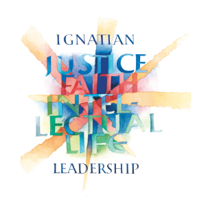 IGNATIAN JUSTICE FAITH INTER CULTURAL LIFE LEADERSHIP text with colorful background.