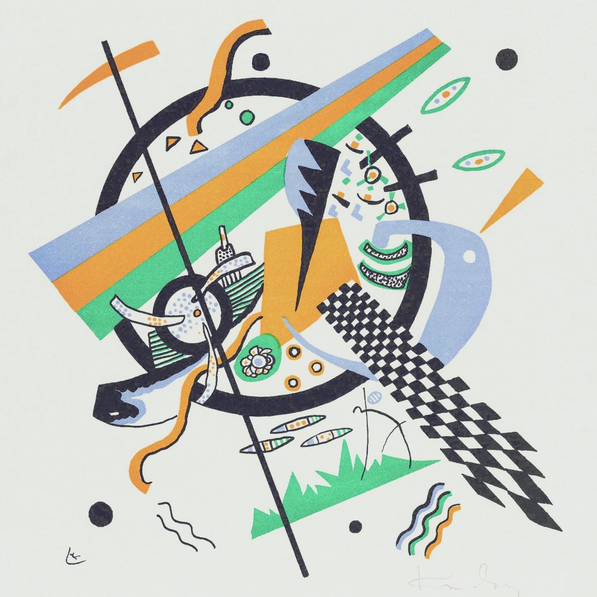 Abstract artwork titled Small Worlds IV Square with geometric shapes and lines in various colors.