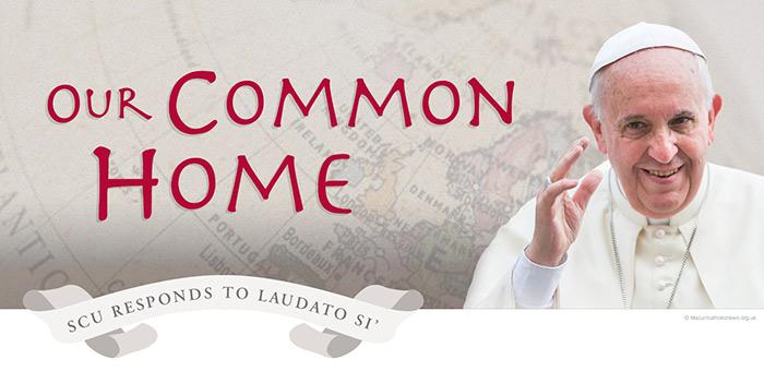 Banner with Our Common Home text and a religious figure.