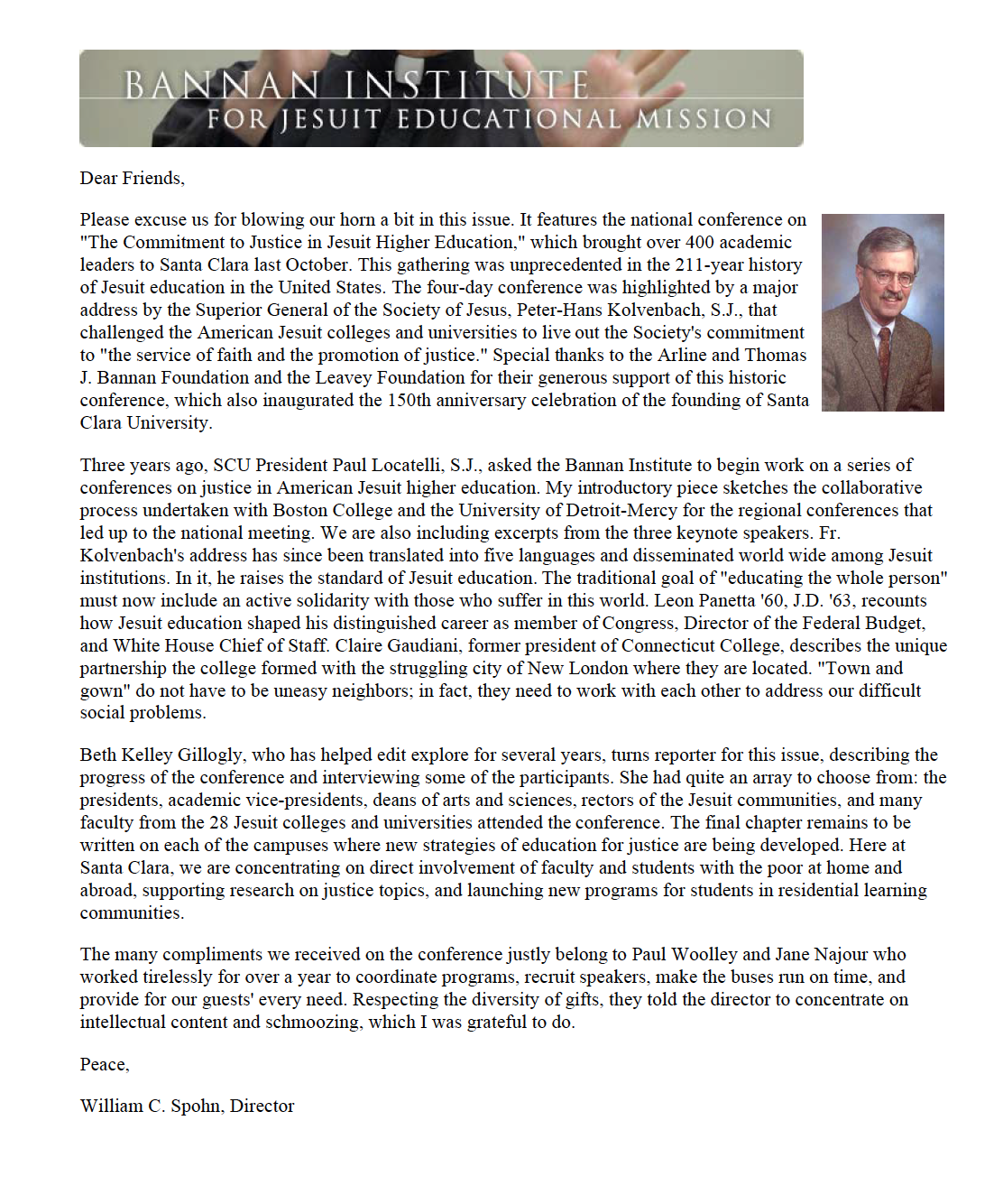 Newsletter screenshot titled Spring 2001 with text and a small picture of a man.