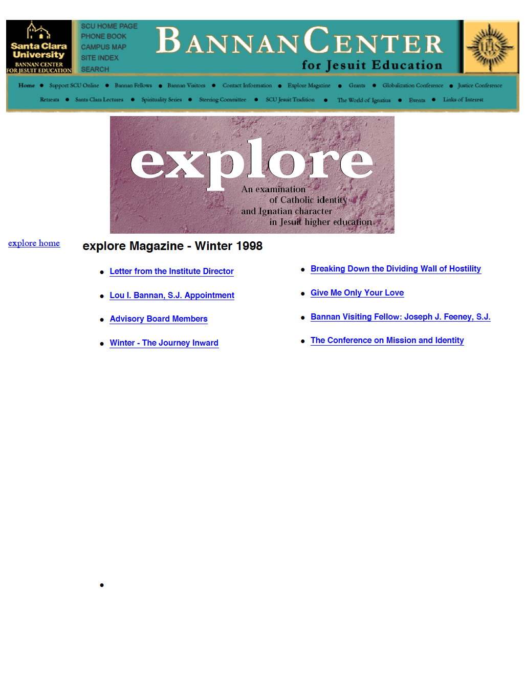 Screen of BannonCenter website, Winter 1998, showing an explore hyperlink and menu links.