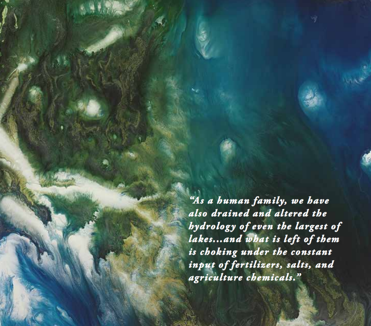 Satellite image of Earths surface with superimposed text on climate impacts.