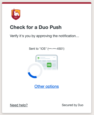 A screen shot showing the current prompt presented by Duo for two-factor authentication