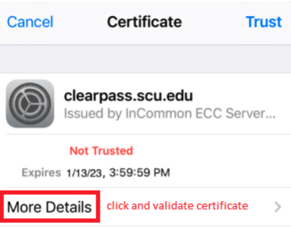 Screenshot of a certificate information screen for clearpass.xu.edu with More Details button.