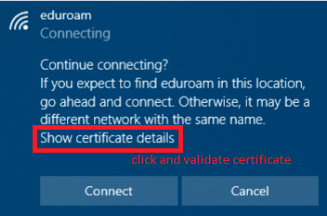 Eduroam certificate prompt with Do you want to continue connecting? highlighted in red.