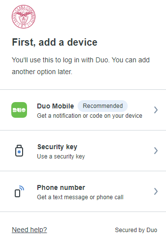Second page of the Duo Security setup process with setup Duo Mobile as the recommended action.