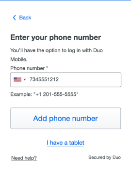 Duo Security setup page showing a phone number field with the prompt Enter your phone number.