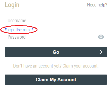The account and password page for SCU with a forgot your username? link highlighted in a red circle.