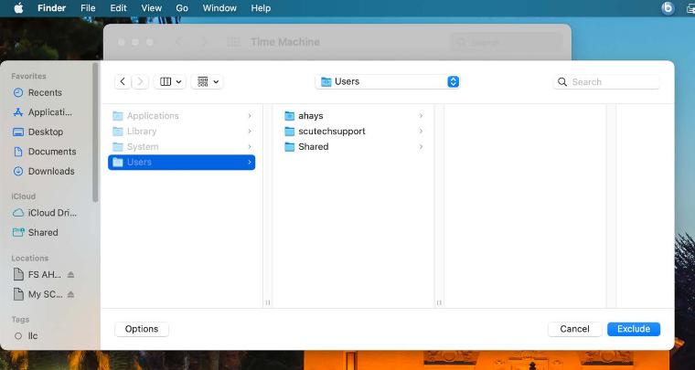 An image of the macOS folder selection screen showing Applications, Library, System and Users in the left side column with Users highlighted. The middle column shows the folders available in Users (ahays, scutechsupport and shared).