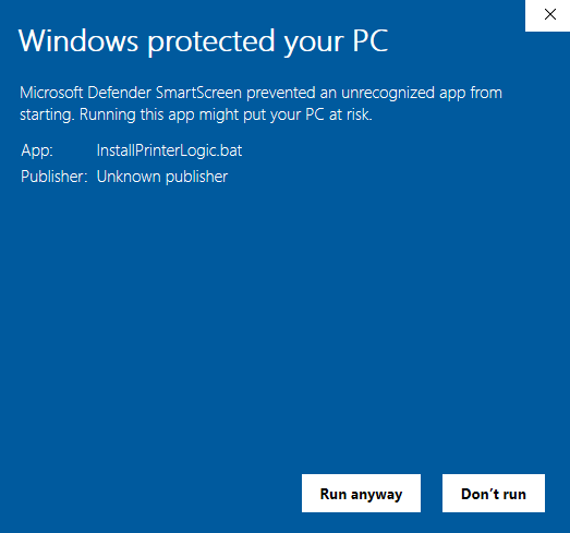An image of the Windows popup Windows protected your PC with the available buttons Run anyway and Dont run.