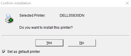 An image of the Printer Logic add printer confirmation window with the available options Yes, No and a check-mark box for Set as default printer.